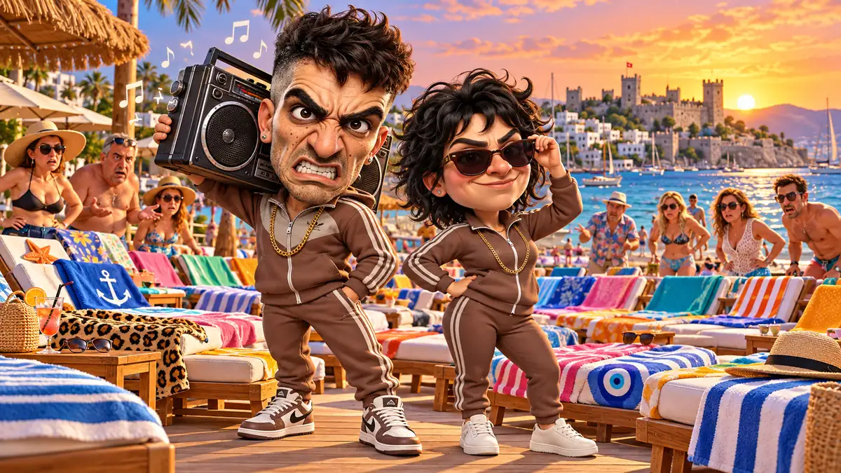 Bodrum'da beach club şezlonglarının önünde omzunda son ses boombox ile duran Hırt ve güneş gözlüğüyle poz veren Hırtiye